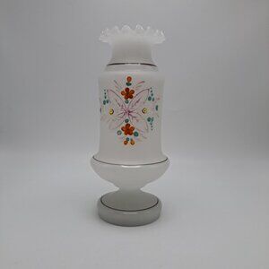 Vintage Hand-Painted Bristol Glass Vase With Ruffled Top & Floral Design